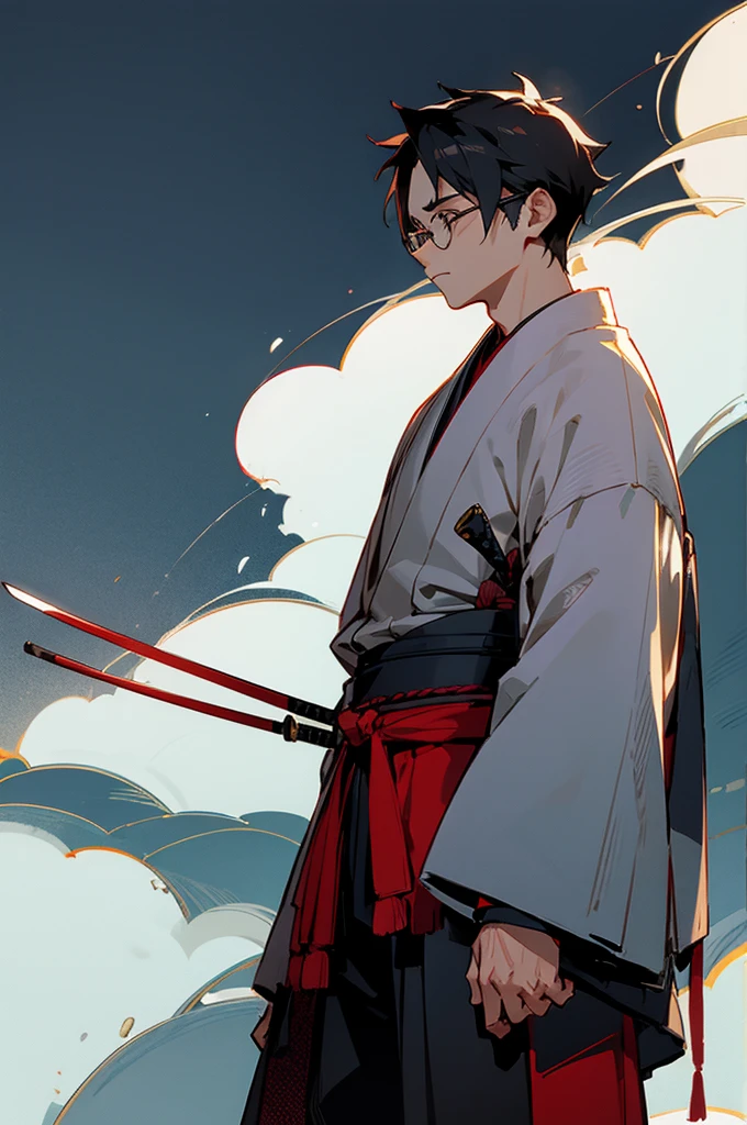 Adult, male, samurai Clothing, Standing pose, Town background. glasses