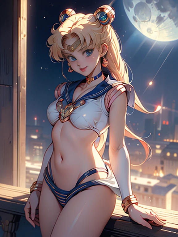 masterpiece, highest quality, High Resolution, Month 1, 1 girl, alone, ((Sailor Moon:1.3)), Usagi Tsukino, blonde, Magical girl, blue eyes, Elbow hand pockets, tiara, ((bikini:1.5)), choker, White gloves, jewelry, Earrings, smile, The background is space (Amazing details, Excellent lighting, Wide-angle), full moon,