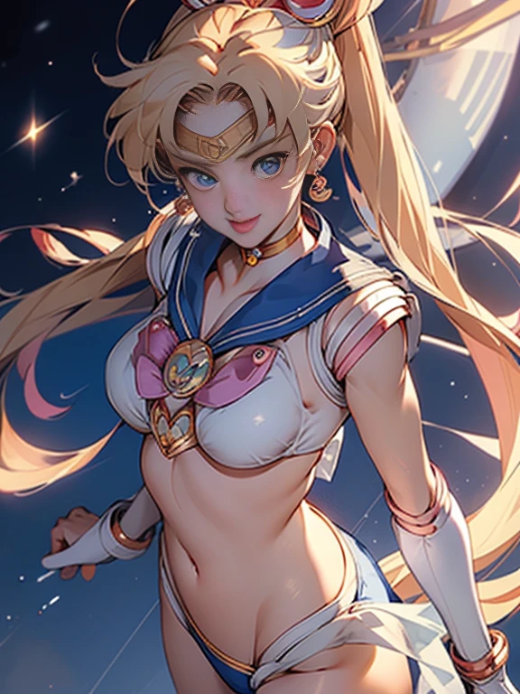 masterpiece, highest quality, High Resolution, Month 1, 1 girl, alone, ((Sailor Moon:1.3)), Usagi Tsukino, blonde, Magical girl, blue eyes, Elbow hand pockets, tiara, ((bikini:1.5)), choker, White gloves, jewelry, Earrings, smile, The background is space (Amazing details, Excellent lighting, Wide-angle), full moon,