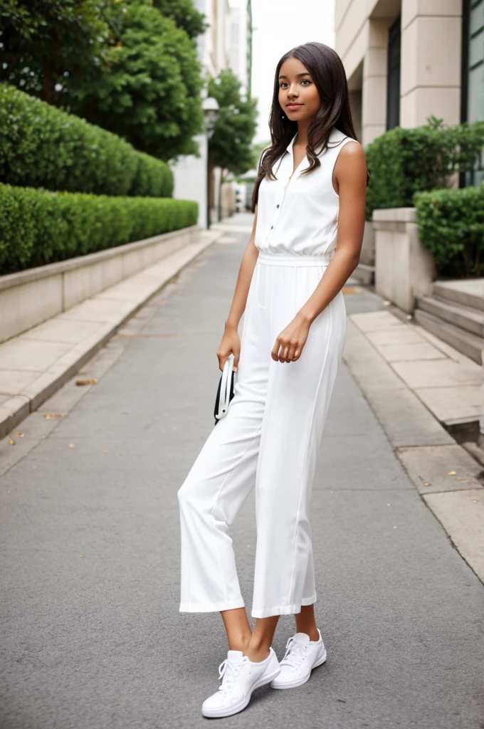 Elegant jumpsuit with white tennis shoes on a -yeld gi