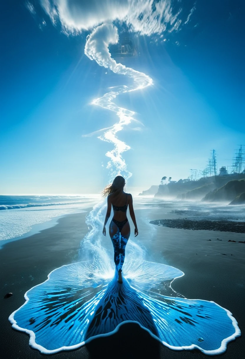 The goddess who controls the sea，Walk the coast，Blue sand beach，beautiful，Backlight，Surrealism，Godhead，Cyber Surge，Blue-black tones，Light shining through the smoke，scattering，refraction，diffuse reflection，Tyndall effect，Brownian motion，Light beam，Dark Environment，Blue Coast，Blue and white ocean，Aerial View