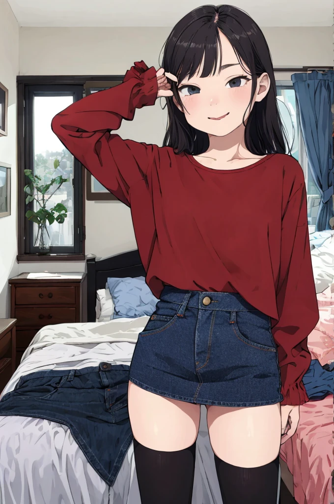 best quality, masterpiece, detailed,2d,flat color, 1girl,,,my room,denim skirt,blouse,thighhighs