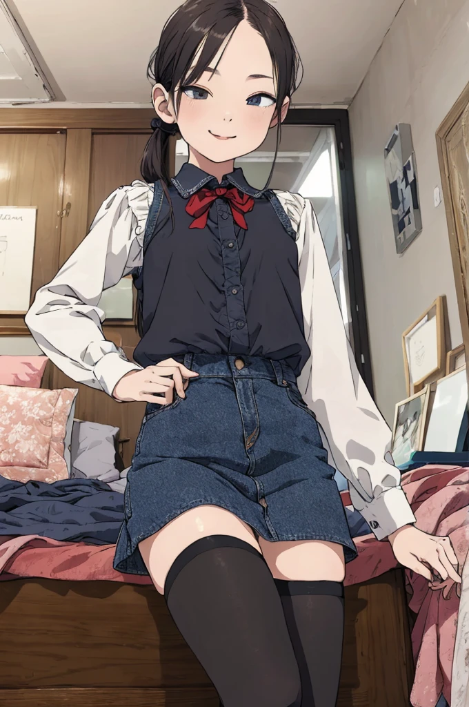 best quality, masterpiece, detailed,2d,flat color, 1girl,,,my room,denim skirt,blouse,thighhighs