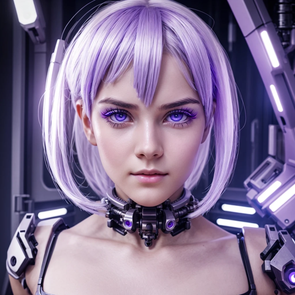 A cyborg girl with visible mechanical parts of her body. Soft lavender eyes and white hair.