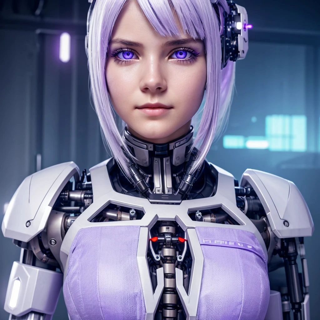A cyborg girl with visible mechanical parts of her body. Soft lavender eyes and white hair. 