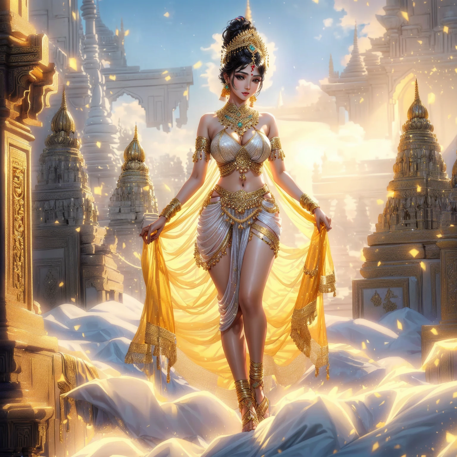 Fine gold jewelry,The background is an ornate golden Indian castle pillar. , ancient indian dress,,sparkling light,High resolution 84K,Woman in sari taking photo, indian goddess, traditional beauty, indian, beautiful goddess, elegant cosplay, indian style, indian super model, beautiful young woman, gorgeous woman, Southeast Asia that has existed for a long time, provocative indian, gorgeous beautiful woman, Intricate costume, Hindu Aesthetics, beautiful asian girl, Very detailed shooting of the goddess., jaw-dropping beauty, big breasts deep cleavage sexy navel, , sexy indian women, 