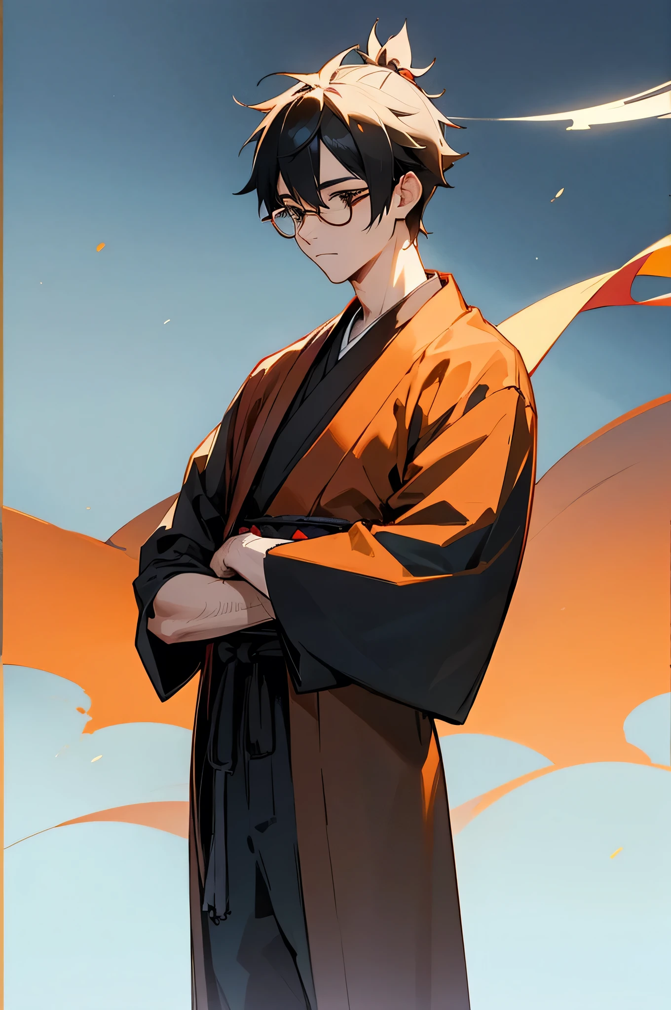 Adult, male, samurai Clothing, Standing pose, Town background. glasses