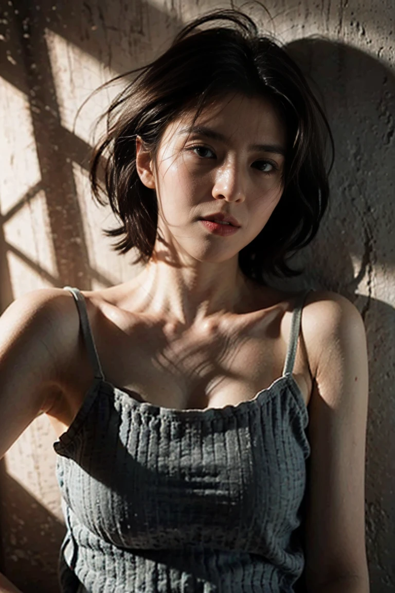 Best quality, masterpiece, ultra high res, (photorealistic:1.4), raw photo, 1girl, offshoulder, in the dark, deep shadow, low key, cold light, short hair, show armpit