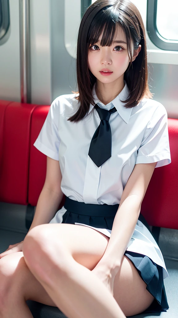 (masterpiece, Highest quality:1.2), 8K, 15 years, 85mm, Official Art, RAW Photos, Absurd, White dress shirt, Pretty face, close, Upper Body, violet, Gardenia, beautiful girl, , (Navy Pleated Skirt:1.1), Squeeze the waist, Thighs, Short sleeve, in the train, sit on bench seat, View your audience, No makeup, (smile:0.4), Film Grain, chromatic aberration, Sharp focus, Face Light, Bright lighting, , Detailed face, Bokeh Background, (Dark red tie:1.1)