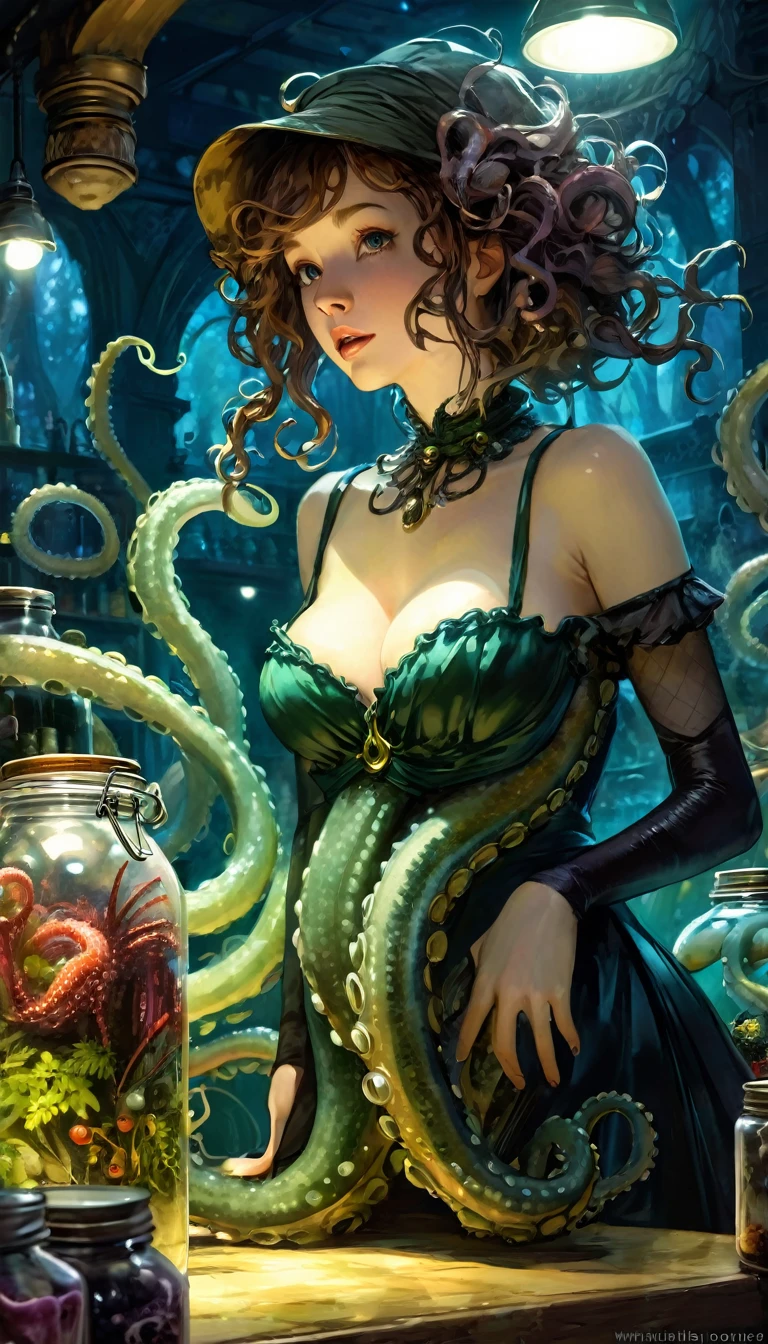 a sexy girl tends the store at the counter, fantastic store, fantasy world, midnight forest, dark, disturbing, strange, unnatural, (Rembrandt Lighting: 1.3) light particles, lens flares, tentacle store, several tentacles , large jars, , a woman shopping, live tentacles for sale, side chest, forest cat, tentacle cat, close-up of the upper body, artistic masterpieces that will go down in history, fantastic backgrounds, memorable scenes, fantastic angles (masterpiece: 1.2), (best quality: 1.2), intricate details, newest, AI generated (Bill Sienkiewicz inspired art, intricate details, oil painting)