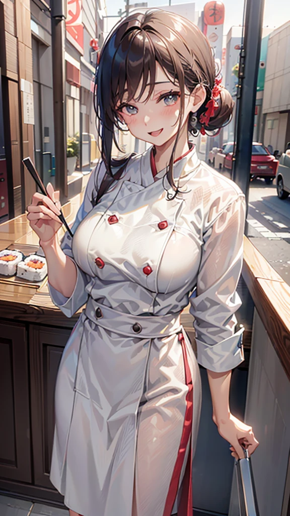 (Best quality, 8k, 32k, Masterpiece, UHD:1.2), (realistic:1.5), (masterpiece, Extremely detailed CG unity 8k wallpaper, best quality, highres:1.2), (ultra detailed, UHD:1.2), (cowboy shot:1.3), (anime style illustration:1.3), (seductive anime waifu:1.3), (ultra-detailed:1.3), (hyper-sharp:1.3), (insanely detailed:1.3), 
BREAK, 
(1girl:1.3, solo), (Sushi-Chef:1.3), single Chignon hair style, mahogany hair, attractive look, (Korean actress face:1.3), (Japanese idol face:1.3), pretty face, cute, 
BREAK, 
(white Japanese Chef clothes:1.3), (Chef clothes:1.3), 
BREAK
(cooking in the kitchen:1.3), (cooking the sushi:1.3), (at Japanese Sushi restaurant:1.3), (in the kitchen counter:1.3), indoor, cinematic light, cute, happy, seductive smile, :d, ;p, attractive emotion, 
BREAK, best ratio four finger and one thumb, perfect anatomy, perfect proportion,