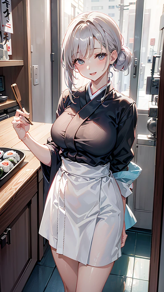 (Best quality, 8k, 32k, Masterpiece, UHD:1.2), (realistic:1.5), (masterpiece, Extremely detailed CG unity 8k wallpaper, best quality, highres:1.2), (ultra detailed, UHD:1.2), (cowboy shot:1.3), (anime style illustration:1.3), (seductive anime waifu:1.3), (ultra-detailed:1.3), (hyper-sharp:1.3), (insanely detailed:1.3),
BREAK,
(1girl:1.3, solo), (Sushi-Chef:1.3), single Chignon hair style, mahogany hair, attractive look, (Korean actress face:1.3), (Japanese idol face:1.3), pretty face, cute,
BREAK,
(white Japanese Chef clothes:1.3), (Chef clothes:1.3),
BREAK
(cooking in the kitchen:1.3), (cooking the sushi:1.3), (at Japanese Sushi restaurant:1.3), (in the kitchen counter:1.3), indoor, cinematic light, cute, happy, seductive smile, :d, ;p, attractive emotion,
BREAK, best ratio four finger and one thumb, perfect anatomy, perfect proportion,