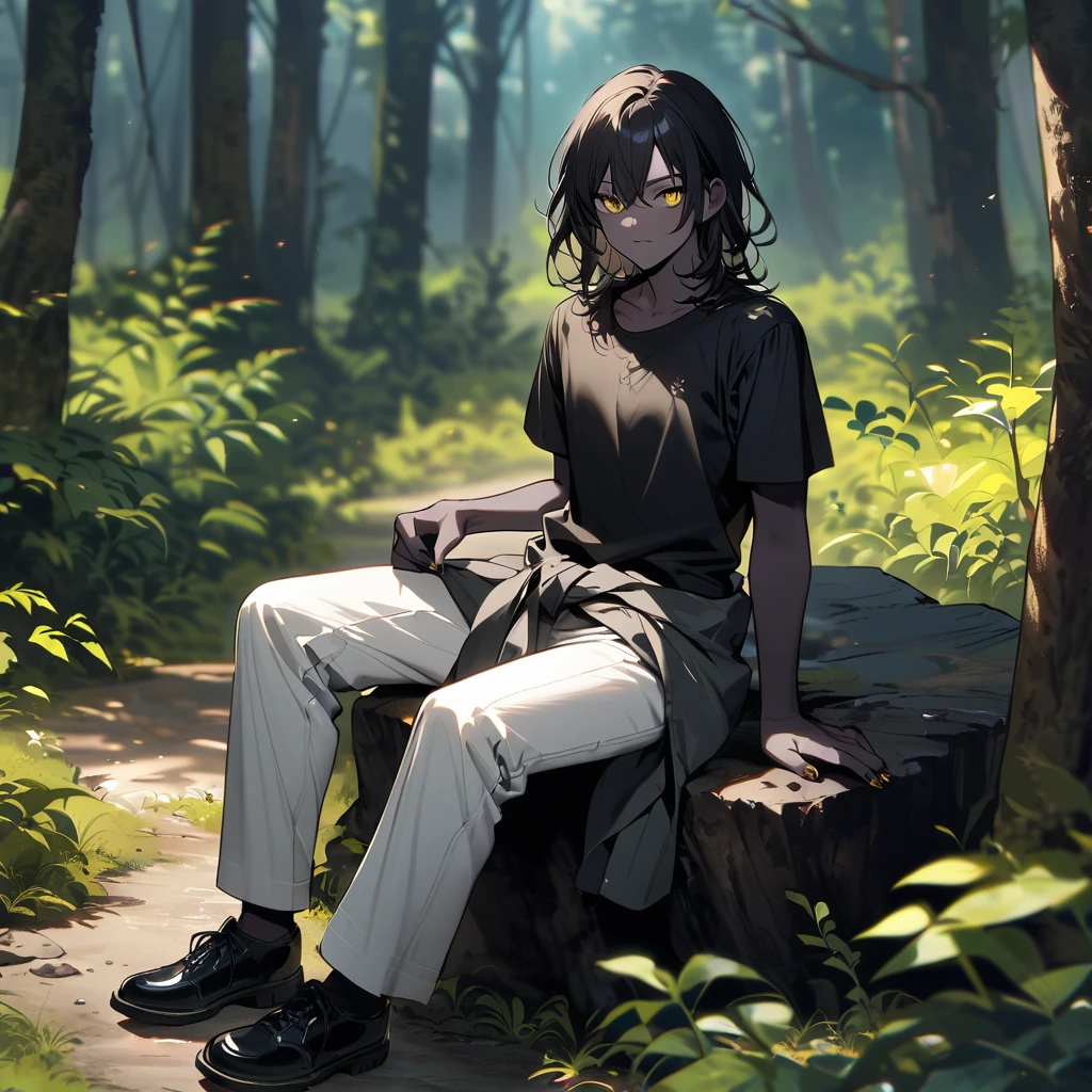 (well done: 1) man, slightly burnt black skin, shoulder-length wavy black hair, yellow eyes, black t-shirt, nails painted black, white pants, blouse wrapped around the waist, black shoes.   sitting on a rock in a forest..