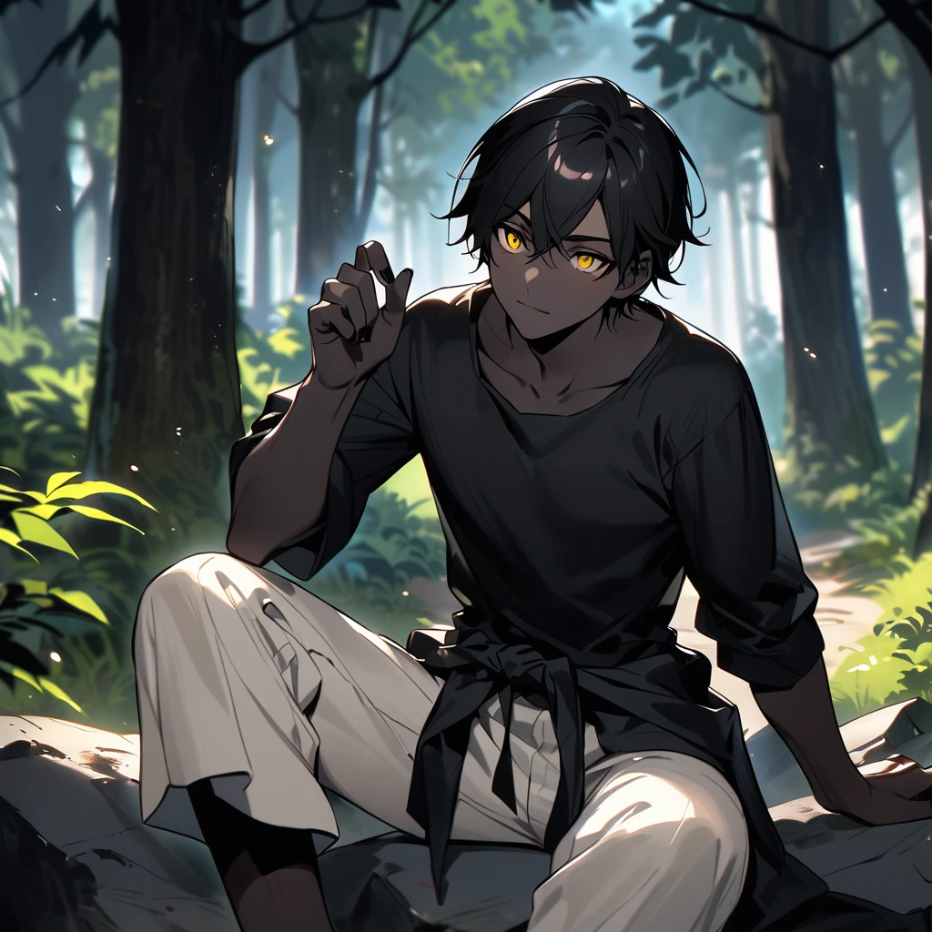 (well done: 1) man, slightly burnt black skin, shoulder-length wavy black hair, yellow eyes, black t-shirt, nails painted black, white pants, blouse wrapped around the waist, black shoes. sitting on a rock in a forest..