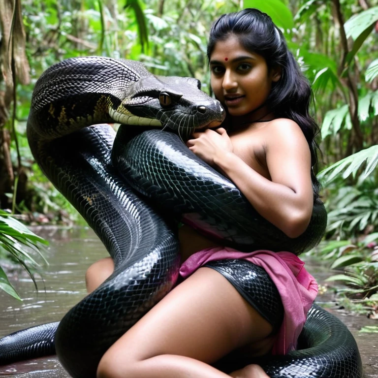  Topless  pink thong wearing aroused horny beautiful happy indian   girl  vs  Giant black anaconda    monster wrapped around her body squeezing her in coiled embrace cuddling and kissing  sexual erotic bestiality  sex  realistic in the rainforest full body, best quality wet 