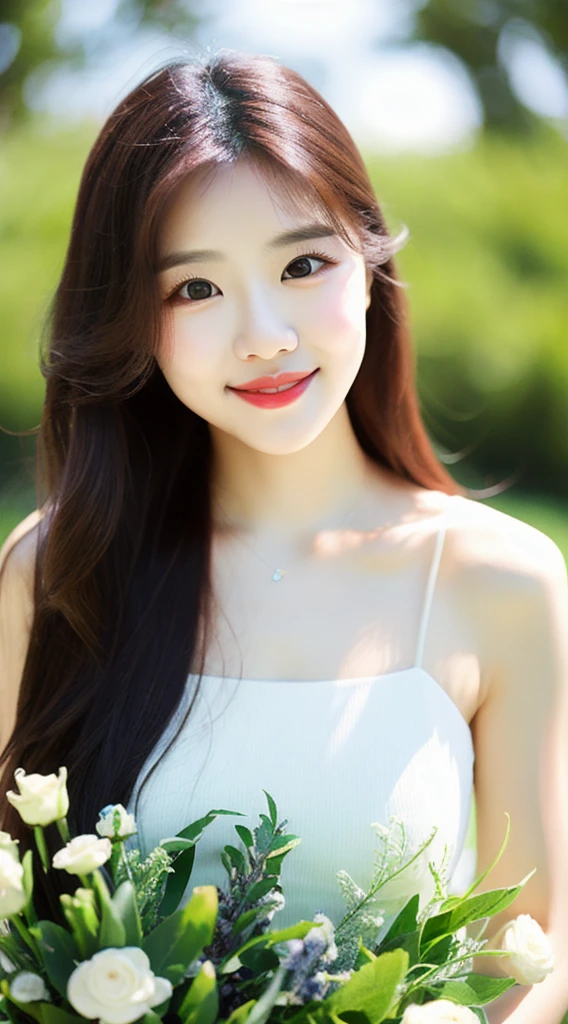 Create an image of a young woman around 25 years old, inspired by the provided image. The woman should have long, flowing hair and a gentle smile, holding a bouquet of flowers similar to the one in the reference. The setting should be a beautiful outdoor environment with greenery in the background, reminiscent of a sunny day. The woman should have a slightly more mature appearance while maintaining a warm and friendly expression. Ensure the lighting and color tones are soft and natural, highlighting her youthful yet mature beauty.