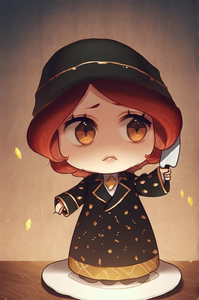 ((Лучшее качество)), ((шедевр)), (подробный), big brown eyes, short red hair, potato knife, slightly swollen lips, height 175, weight 75