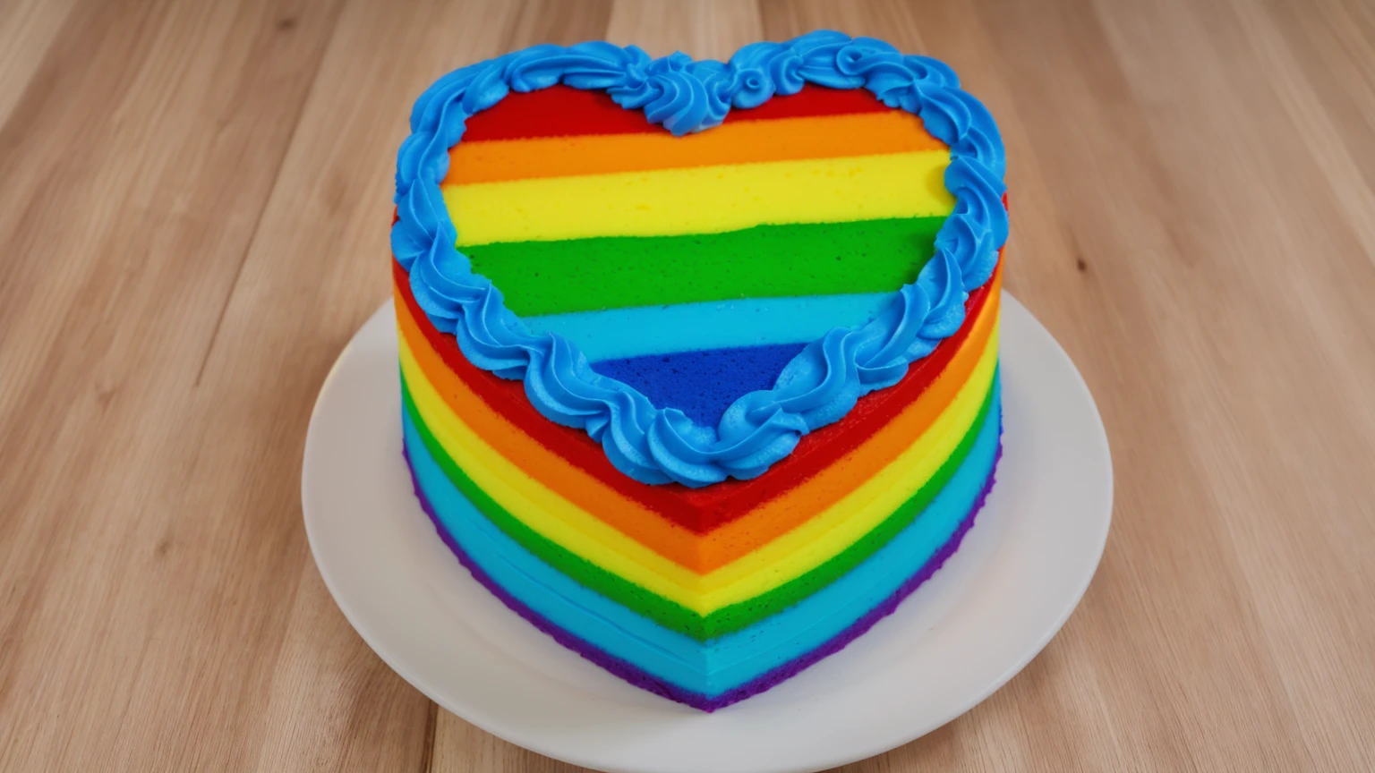 on a wooden table, worth a heart shaped cake, rainbow sponge cake ,top blue cream wave, cream texture, Realistic style, realistic texture, bright lighting, high quality, detailed texture, Beautiful light from the window, beautiful lighting, high detail, ultra 4k hd, super clear photo without blur 