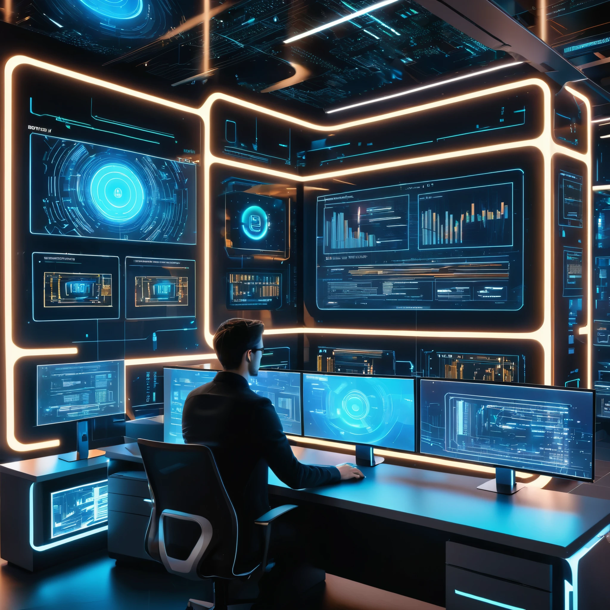 Visualize a futuristic computer programming lab in 8K resolution. Show a programmer immersed in code, surrounded by holographic screens, with hyper-detailed circuitry and a photorealistic rendering of a high-tech environment.