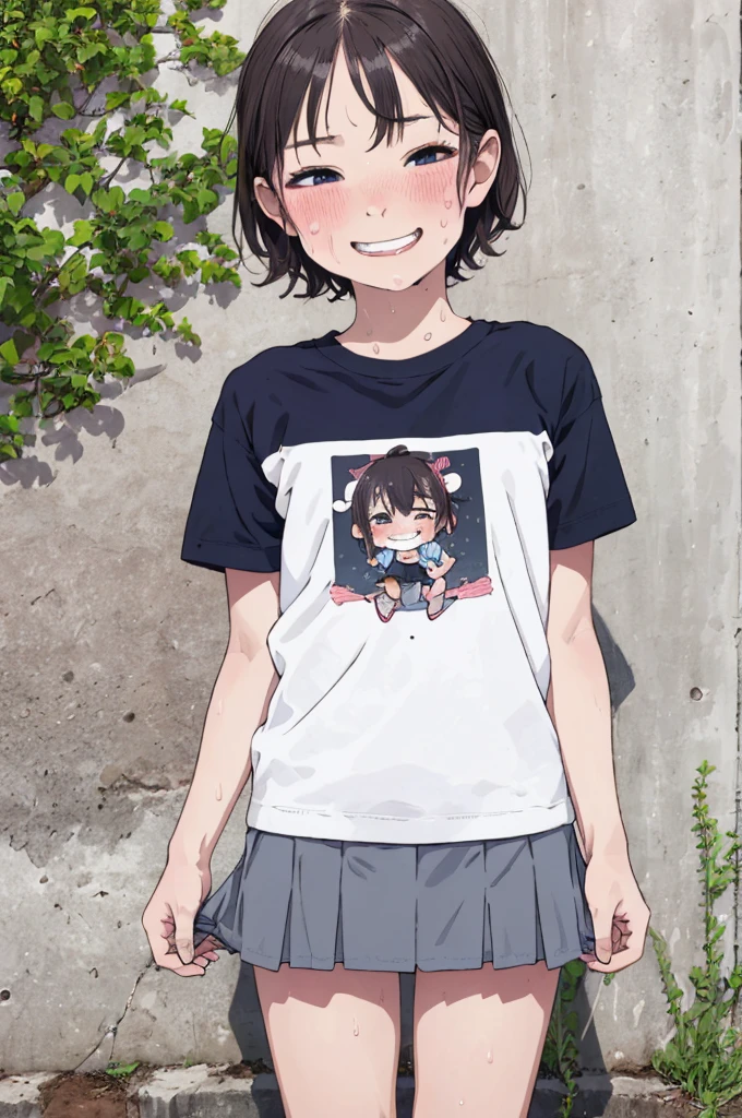 best quality, masterpiece, detailed,2d,flat color, 1girl,10yo,petit,grin,outdoor,miniskirt,socks,((blush,sweating)