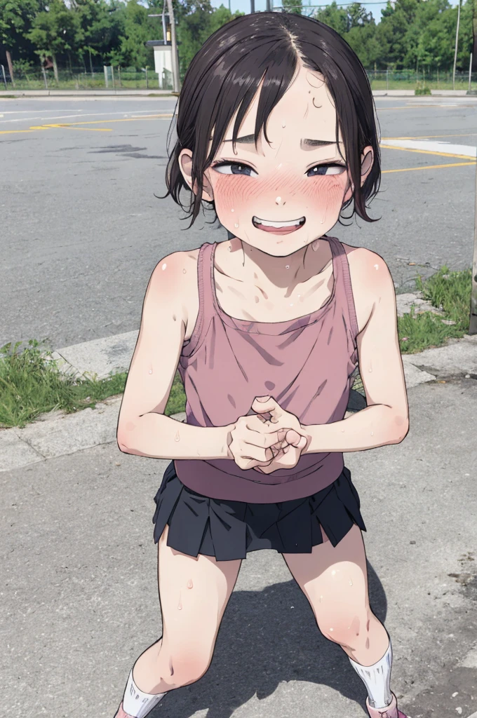 best quality, masterpiece, detailed,2d,flat color, 1girl,,petit,grin,outdoor,miniskirt,socks,((blush,sweating)