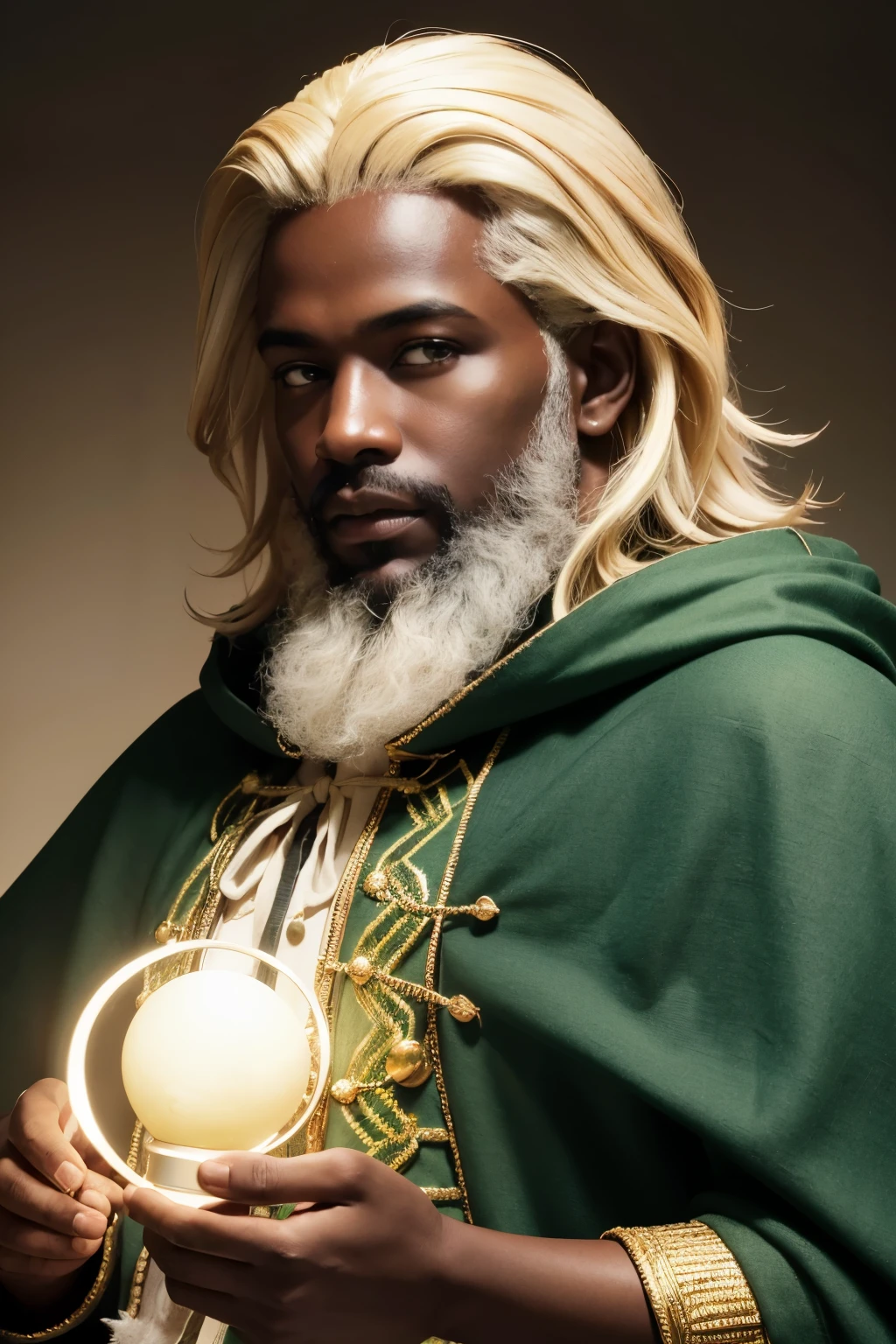 ((best qualityer)), ((work of art)), (detailded), 1 forty-year-old African-American man ((dark skin color)) hair blonde ,blond blonde hair color beard, shorth hair , green cloak, light green mittens, red medieval shirt ((torn outfit)) clear lighting, detailed shadows 