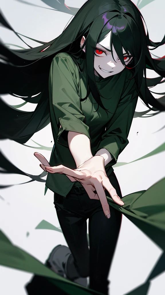 A  with long black hair,dead red cold eyes,pale skin,and wears a dark green shirt and black pants. 15 years old,and 5'5. A insane,crazed and mindless smirk.