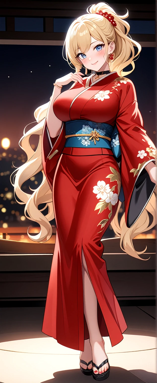 ((One personの女性)), Beautiful Face, White skin, (seductive smile:1.4), (naughty face:1.2), ((Doing sexy poses:1.1)), ((Wink:1.9)), ((head tilt:1.6)), Laughing with your mouth open, upper teeth, ((full-face blush:1.5)), looking at viewer, Glossy Red Lips, (Shining Face), ((anime colored)), ((Anime style background)) , night, Observatory, Festival decorations, firework, ,masterpiece, Highest quality, so beautiful,up to date, Complex details, (Pink long nails),(ring),(bracelet),(choker),AI-generated, Complex,High resolution, Highest quality, super high quality,3D Images、3D Images, (full body:1.3), One person,Long blonde hair,ponytail, wavy hair ,写真のポーズをとるAnime Women, ((Fine grain、Eyes with little blue pigment、Shining Eyes:1.1)), (Squint your eyes:1.1),a hyperRealistic , hyperRealistic , Realistic,Anime Women, Smooth anime CG art, ((A woman in a gorgeous kimono embroidered with gold)), ((Red long sleeve kimono:1.3)),((white floral pattern:1.3)), Long flower hair ornament,Earrings,Mature Body,(Big Breasts:1.1),Tall,Abdominal muscles,Tight waist,(full body:1.3), ((front view)),