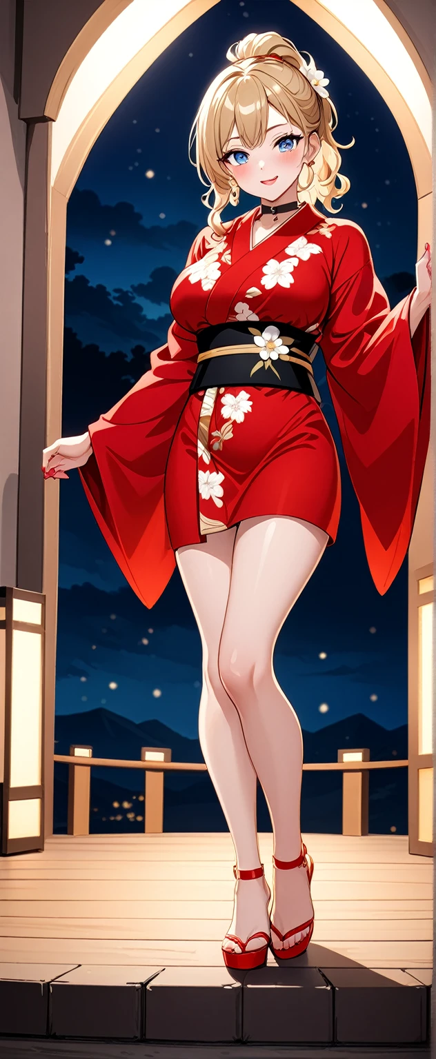 ((One personの女性)), Beautiful Face, White skin, (seductive smile:1.4), (naughty face:1.2), ((Doing sexy poses:1.1)), ((Wink:1.9)), ((head tilt:1.6)), Laughing with your mouth open, upper teeth, ((full-face blush:1.5)), looking at viewer, Glossy Red Lips, (Shining Face), ((anime colored)), ((Anime style background)) , night, Observatory, Festival decorations, firework, ,masterpiece, Highest quality, so beautiful,up to date, Complex details, (Pink long nails),(ring),(bracelet),(choker),AI-generated, Complex,High resolution, Highest quality, super high quality,3D Images、3D Images, (full body:1.3), One person,Long blonde hair,ponytail, wavy hair ,写真のポーズをとるAnime Women, ((Fine grain、Eyes with little blue pigment、Shining Eyes:1.1)), (Squint your eyes:1.1),a hyperRealistic , hyperRealistic , Realistic,Anime Women, Smooth anime CG art, ((A woman in a gorgeous kimono embroidered with gold)), ((Red long sleeve kimono:1.3)),((white floral pattern:1.3)), Long flower hair ornament,Earrings,Mature Body,(Big Breasts:1.1),Tall,Abdominal muscles,Tight waist,(full body:1.3), ((front view)),