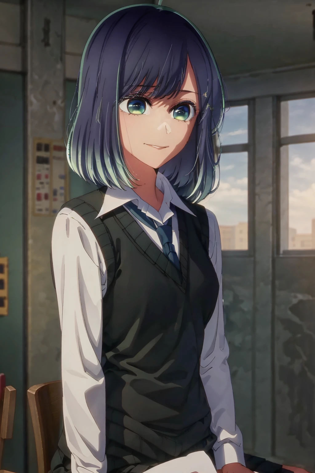 best quality, masterpiece, 1 girl, alone, beautiful, detailed eyes, shirt, blue tie, blue hair, white shirt, long sleeves, medium hair, collared shirt, vest, indoors, , bangs, vest, closed mouth , smile, green eyes, multicolored hair, black vest, short hair, bleached hair, blue eyes, sitting in a chair, classroom