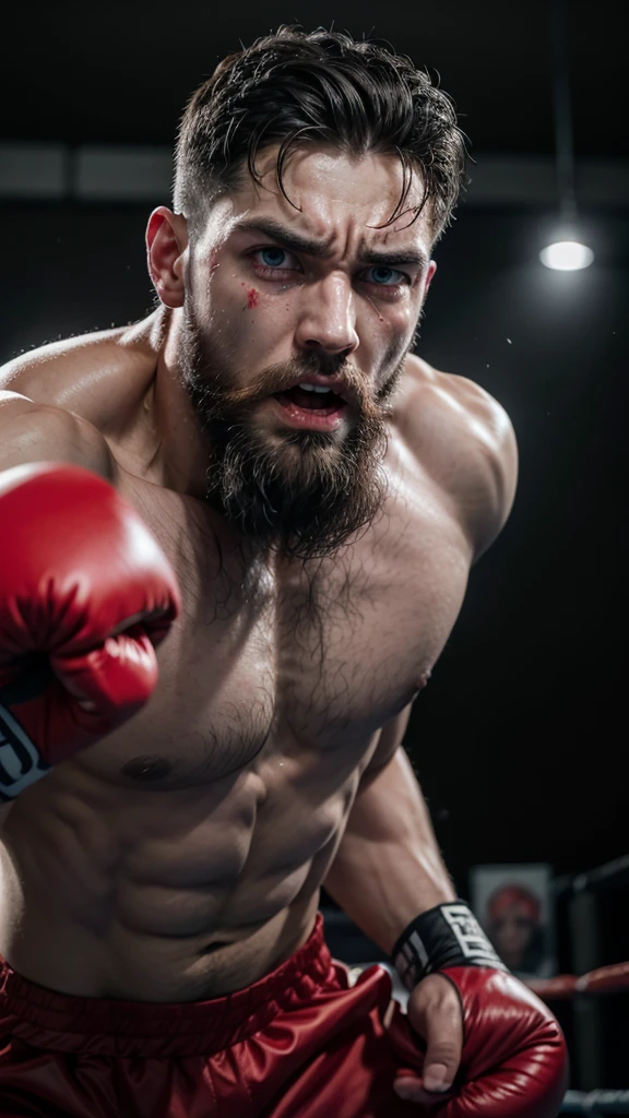 Man boxing, bearded, more angry, Blood in eyes