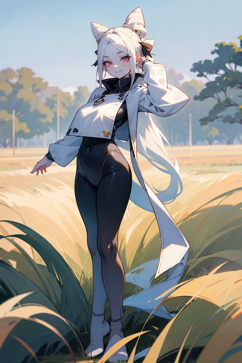 Masterpiece Quality, Perfect Generation, Sclera, Detailed Eyes, Skin, White Hair, Gray Eyes, Pale Skin, Field Background, Facing Viewer, Standing, , Female, Full Body, Yoga Clothing, , Hair In Buns, Attractive, Busty, Evil Crazy Smile, Curvy, Field Background
