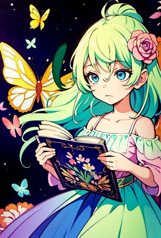 Beautiful girl in a fairy costume, Surrounded by flowers and butterflies. content: Watercolor painting. style: Eccentric and sensitive, Like a children's book illustration.