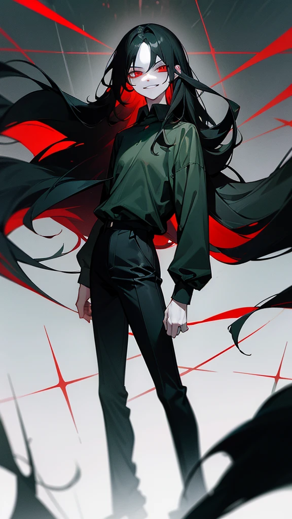 A with long black hair,dead red cold eyes,pale skin,and wears a dark green shirt and black pants. ,and 5'5. A insane,crazed and mindless smirk.