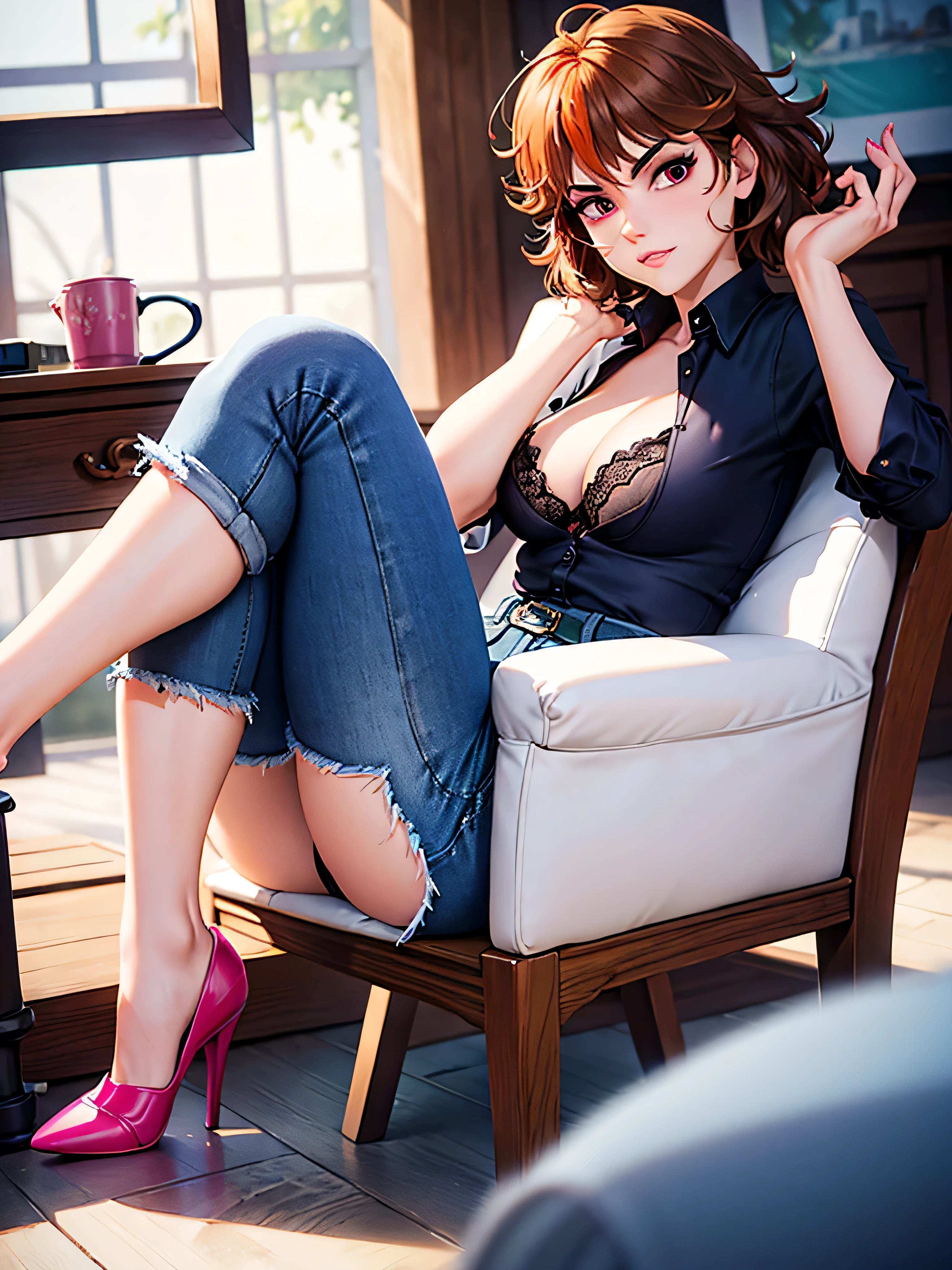 merula, sitting on a chair with her legs up, gaming chair, sexy pose, sitting pose, blue jeans, pink high heels , legs up, side view, sexy bra, sexy panties
