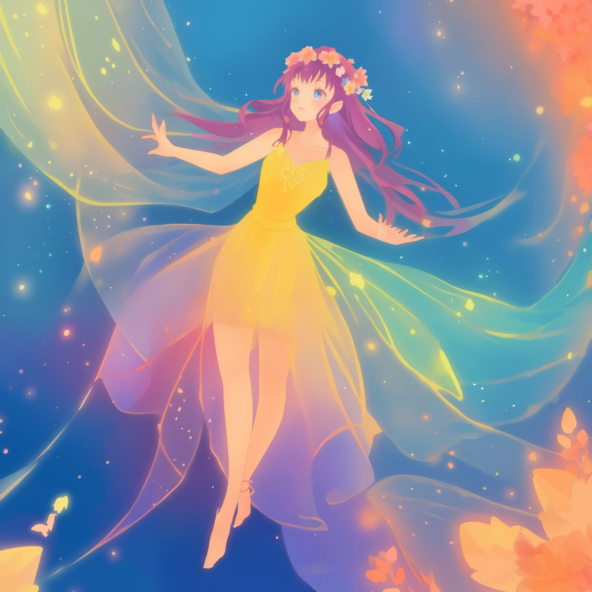 beautiful fairy girl in a flowing colorful dress, long flowing hair, colorful fantasia background, watercolor illustration, disney art style, glowing aura around her, glowing lights, beautiful digital illustration, fantasia otherworldly landscape plants flowers, beautiful, masterpiece, best quality, anime disney style, beautiful face, golden ratio, sharp focus, intricate details