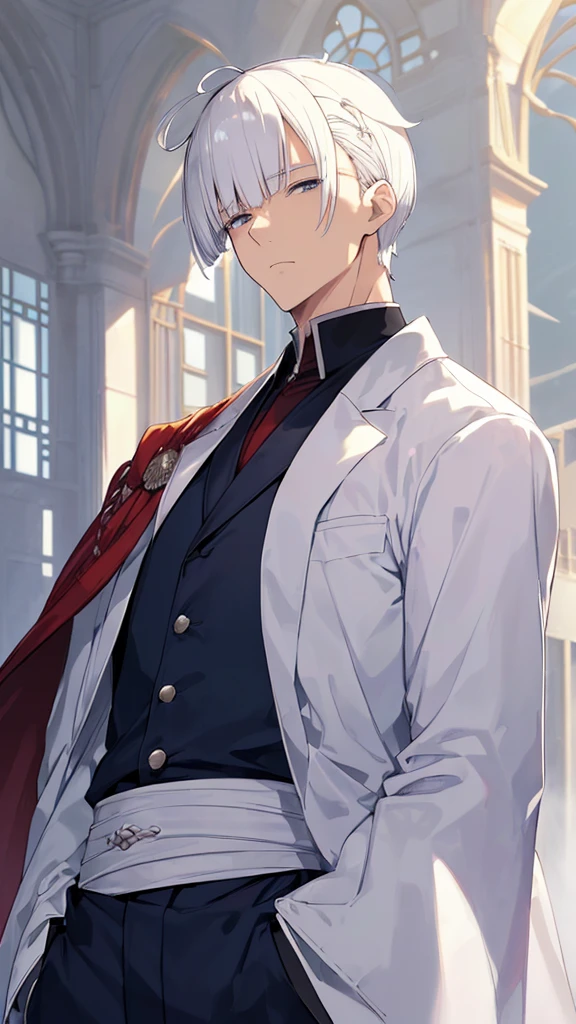 best quality,Japanese animation style adult male,very short hair,white hair,((((Up-bang and parted into seven thirds)))),hair slicked back,small eyes,slant eyes, white eyes, 
stern expression,Tailcoat combat specifications based on white,folding one's arms,((castle room))