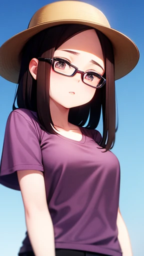 Meg griffin family guy, brown hair, black eyes, bob hair, forehead, huge chests, parted lips, pink hat, pink shirt, short sleeves, blue pants, outdoors, sky, cloudy sky, glasses, cute, anime waifu style