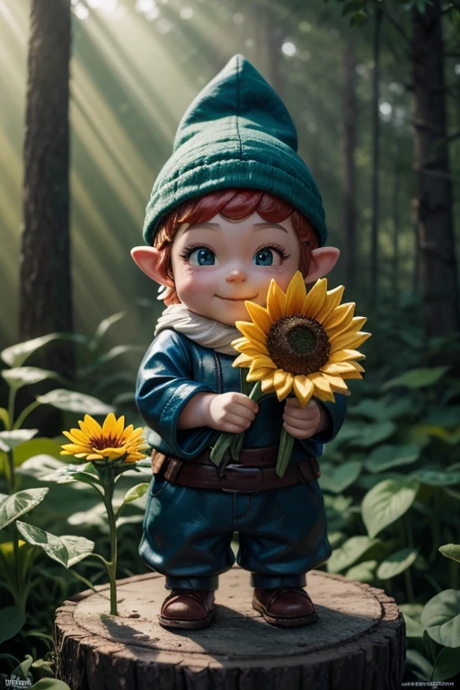 Juvenile gnome in a forest, very happy affection, with a sunflower flower in hands, with a gnome hat, making mischief, porcelain figurine style, anime, glowing light, god rays, ray tracing, highres, super detail