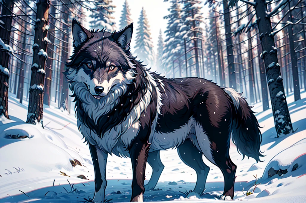 no human, female winter wolf, piercing blue eyes, white fur, Setting is a Scandinavian forest in winter, snow, Highly detailed, looking at viewer, slender