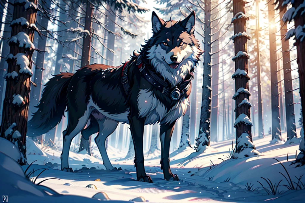 no human, female winter wolf, piercing blue eyes, white fur, Setting is a Scandinavian forest in winter, snow, Highly detailed, looking at viewer, slender