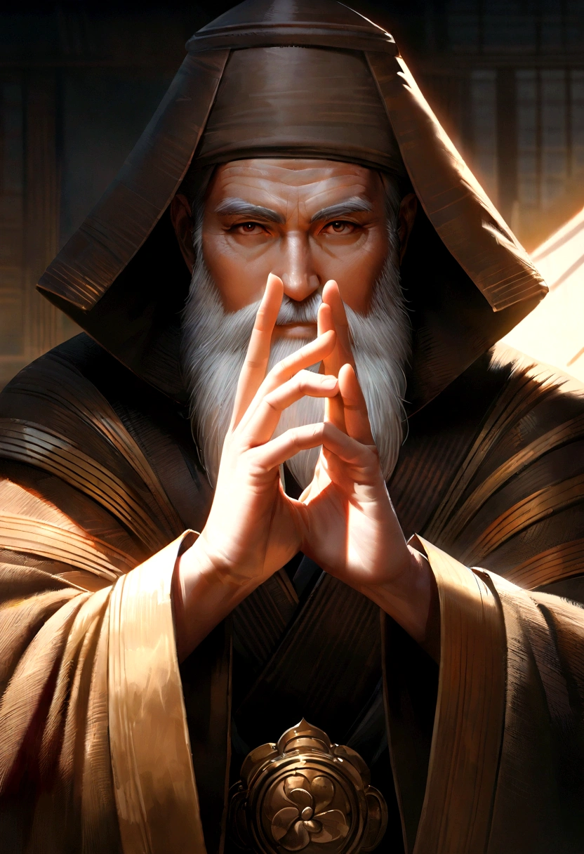 Old Buddhist monk, half-body stance, bearded, hand raised in number 3 gesture gesture, calm gaze meeting viewer's eyes, distant composition, intricate robes with realistic textures and soft ambient lighting, digital painting, ultra high definition, dramatic natural light, fine detail.