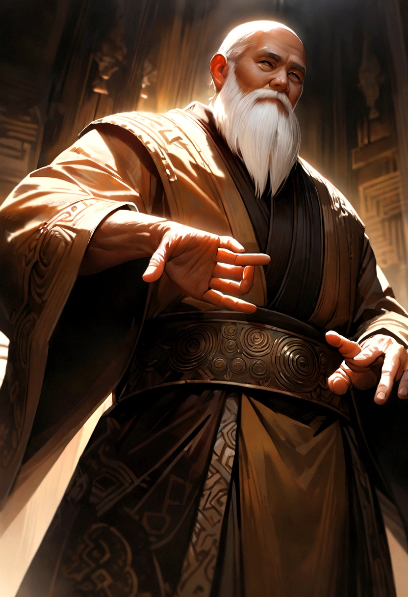 Old Buddhist monk, half-body stance, bearded, hand raised in number 3 gesture gesture, calm gaze meeting viewer's eyes, distant composition, intricate robes with realistic textures and soft ambient lighting, digital painting, ultra high definition, dramatic natural light, fine detail.