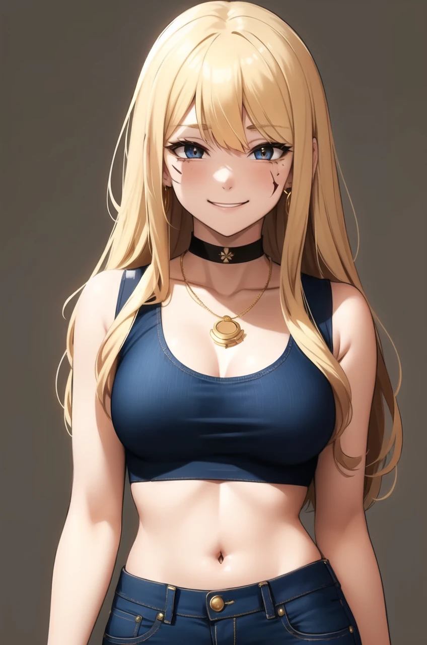 A blonde female character with long hair and bangs over her eyes, smiling with a flushed face. She has red-tinted eyes and wears a black choker, gold bracelets, gold earrings, and a necklace. The character is dressed in a tight white tank top that emphasizes her bust, which has a beauty mark on it, and she wears blue denim shorts with a small accessory tucked in.