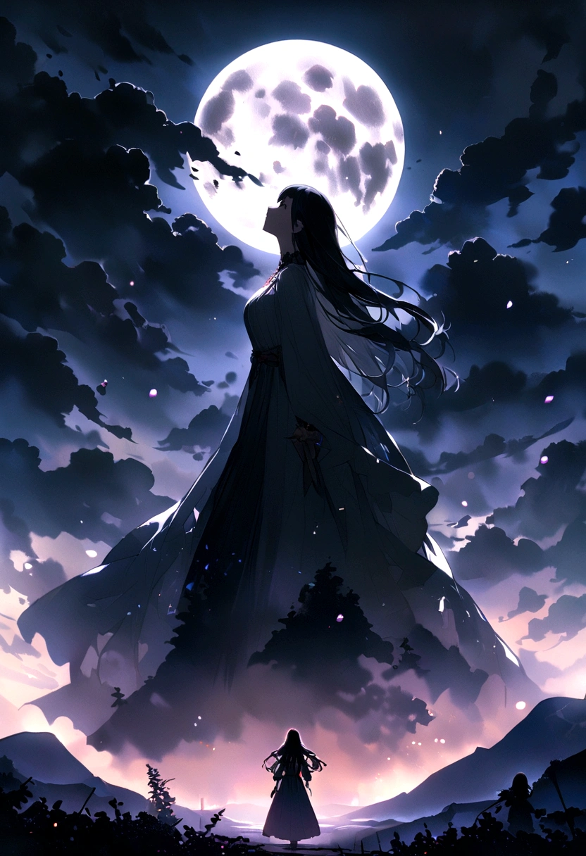 full moon, とても大きなfull moon、 A woman with long hair looks up to the sky and cries after the death of her lover,Silhouette of, Facing Death、Fantasy、masterpiece, Highest quality, night, hill, , Imagination、Narrative、Impressive work、Fantasyなfull moonと雲のコラボレーション、4ｋ、beautiful、非常にbeautiful、beautifulことが一番