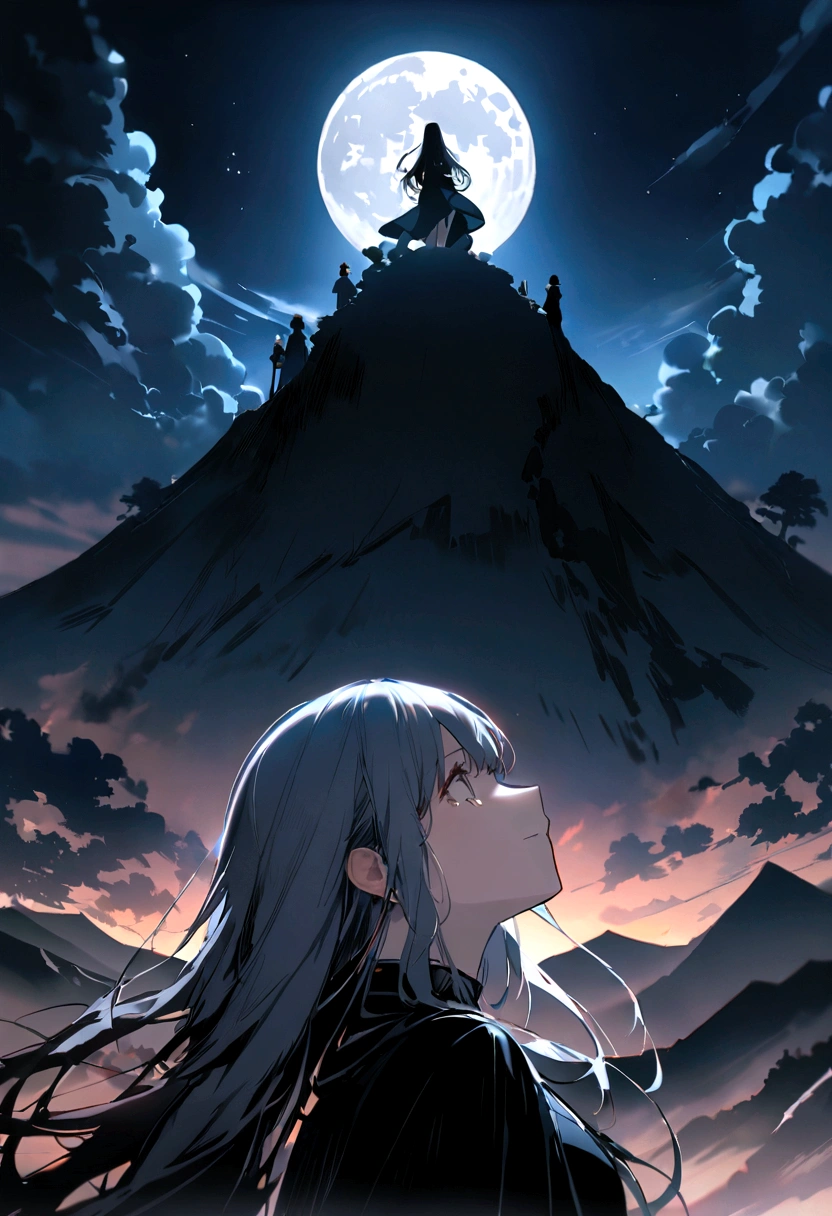 full moon, とても大きなfull moon、 A woman with long hair looks up to the sky and cries after the death of her lover,Silhouette of, Facing Death、Fantasy、masterpiece, Highest quality, night, hill, , Imagination、Narrative、Impressive work、Fantasyなfull moonと雲のコラボレーション、4ｋ、beautiful、非常にbeautiful、beautifulことが一番
