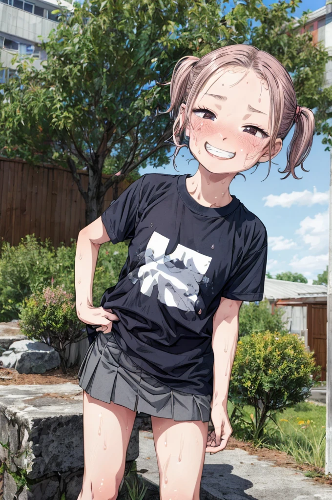 best quality, masterpiece, detailed,2d,flat color, 1girl,10yo,petit,grin,outdoor,miniskirt,socks,((blush,sweating)