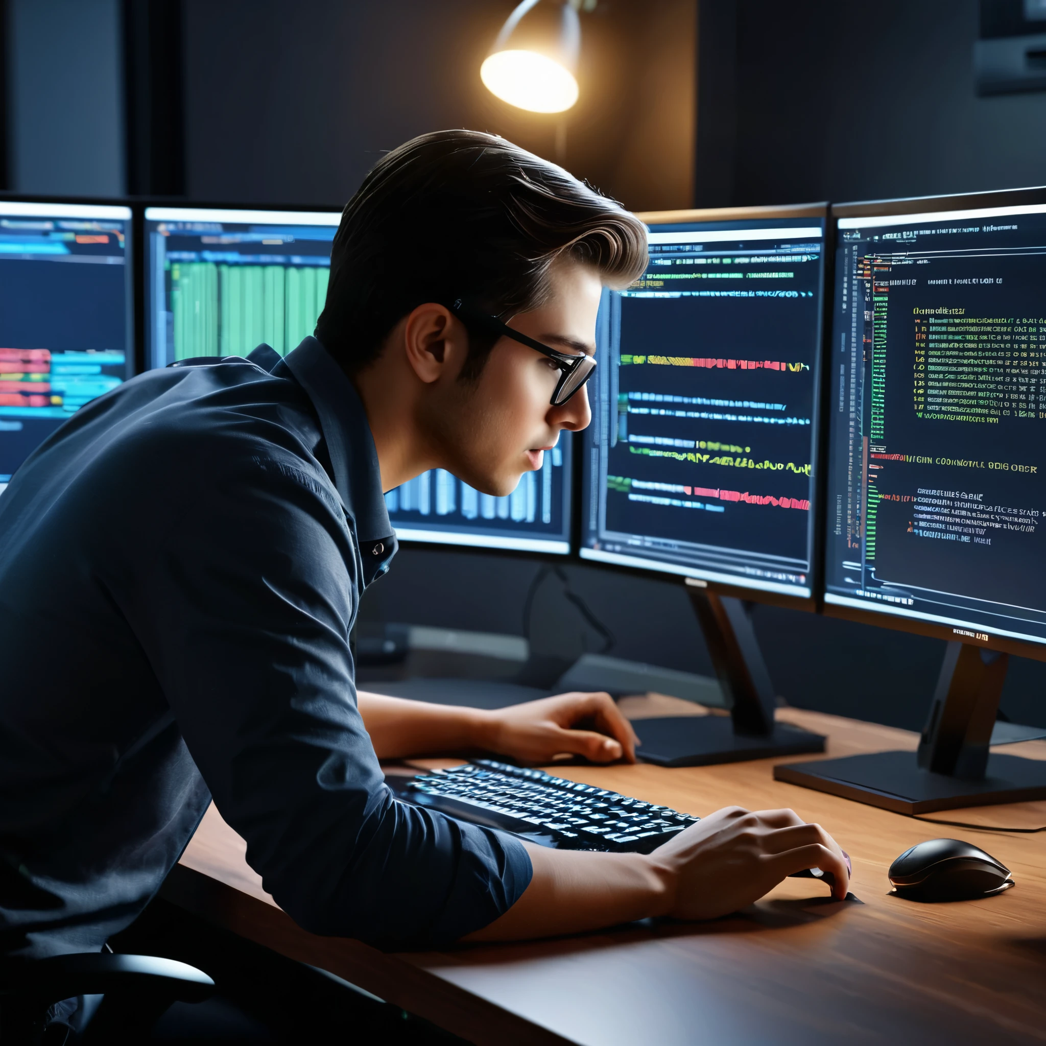 Create a hyperrealistic 3D rendering of a programmer coding at a desk in UHD. Showcase the intricate details of the coding process, with photorealistic code on the screen, detailed hardware components, and realistic lighting in a professional coding environment.