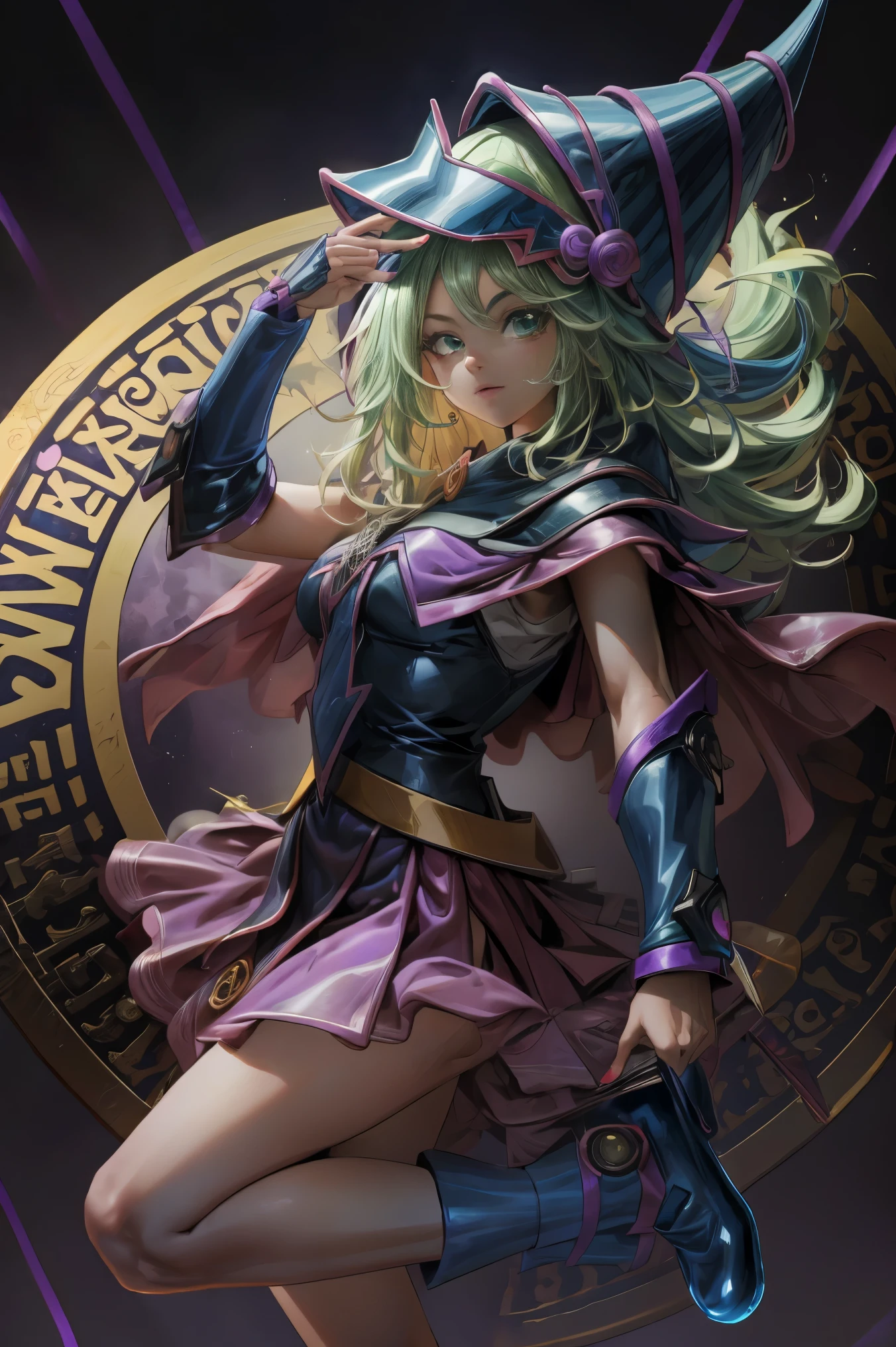 ultra detailed, extremely detailed, Masterpiece, Of the highest quality, Best Quality, absurdities, high resolution, Oscura himself, (1 girl:1.2), Alone, detailed face, dynamic pose, hair flow, (whole body:1.1),  by rubio, broad, looking at the viewer, green eyes, cutaneous denture, detailed skin, skin pores, (shiny skin, shiny skin:1.1), Pink leather details, old, nail polish, Skirt, blue shoes, blue hats, Wizard hat, pared, holding has, (blue panties:0.9), (Summoning Circle:1.1), hexagram, pentacle, staff, yu give oh!, duel monster, purple magic field, glow, detailed background, intricate background,