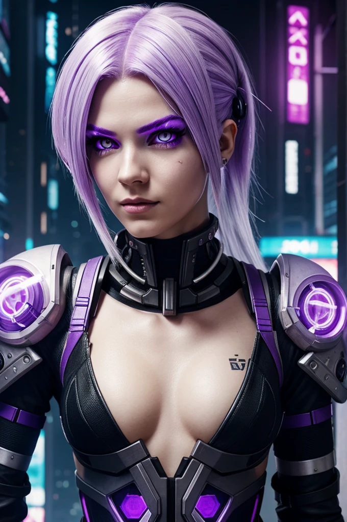 Cyborg girl with purple eyes and white hair, in cyberpunk style